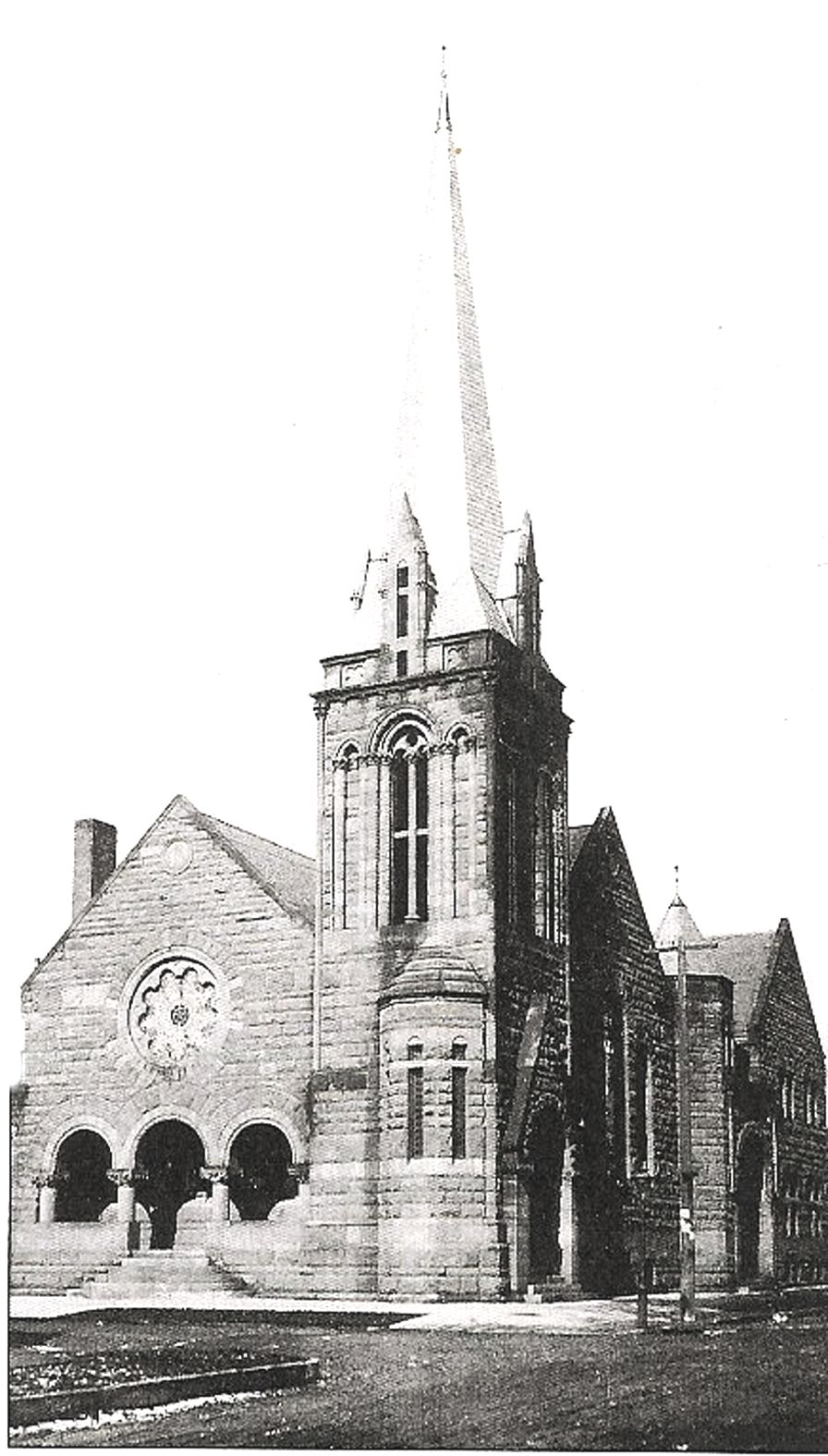 German Methodist Episcopal Church, Corner view of the impressive stone tower